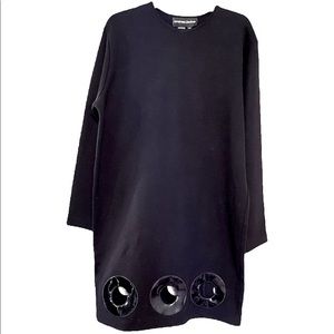 60’s Go-Go Inspired Black Wool Dress w/Black Vinyl Cutout Circles On The Bottom